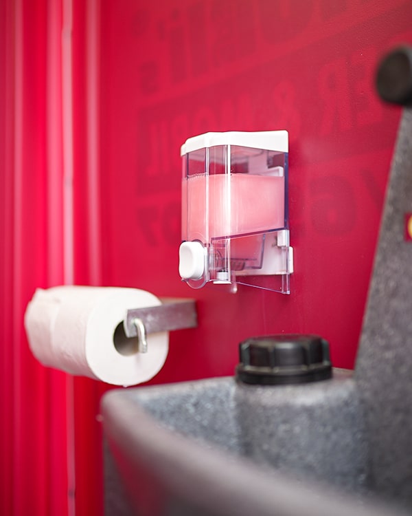 Ein Schüßli von innen inklusive Seifenspender, Toilettenpapier und Waschbecken